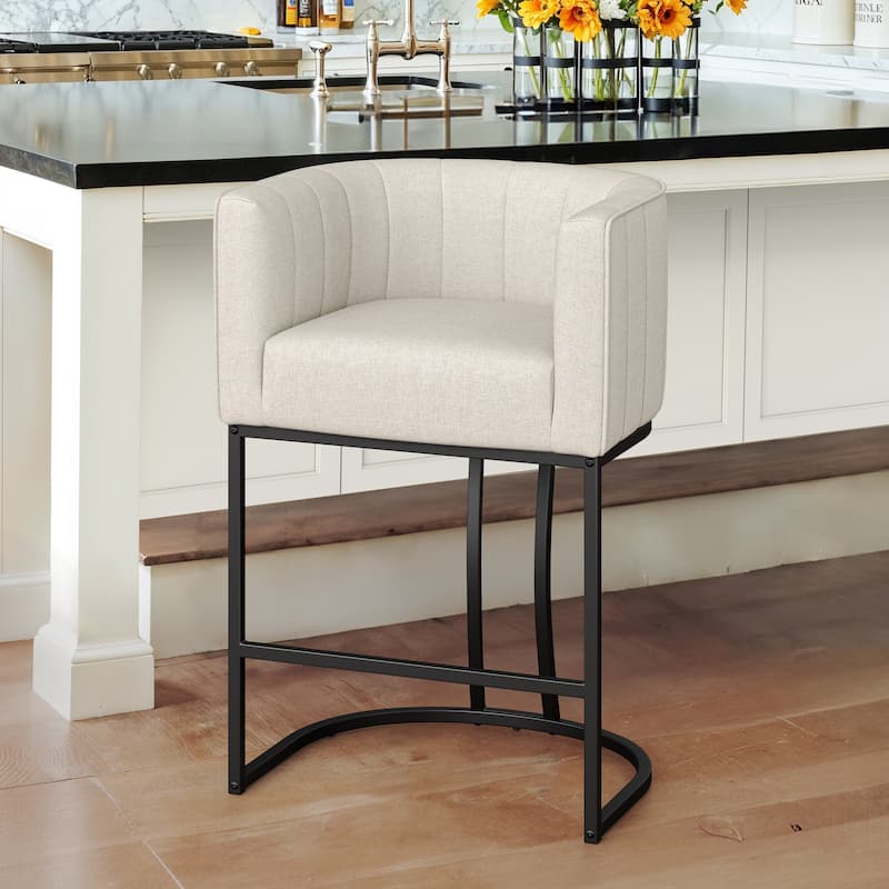 LUE BONA Modern 26.in Barstool Upholstered/PU Leather Counter Height Stool Low Back Barrel Bar Stool with Metal Frame - Linen&Black/Fabric