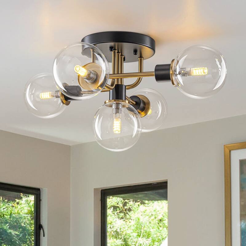 5-Light Tiered Glass Globe Sputnik Semi Flush Ceiling Light 21.3in - Clear Glass