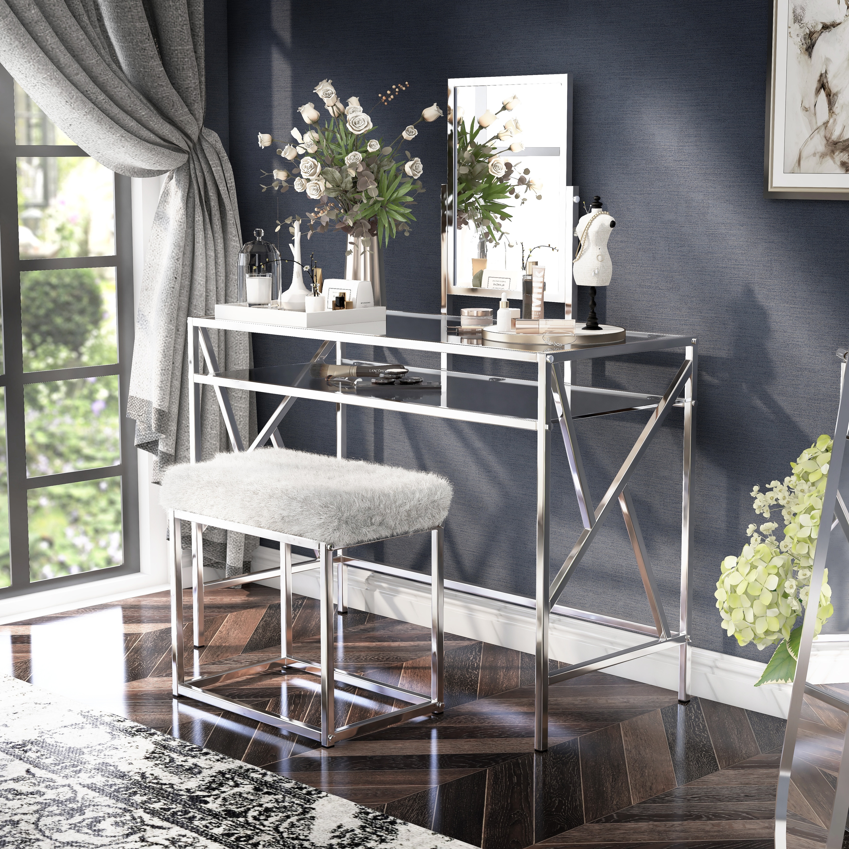 Furniture of America Davila Glam Metal 3-Piece Makeup Vanity Set with Mirror and Bench