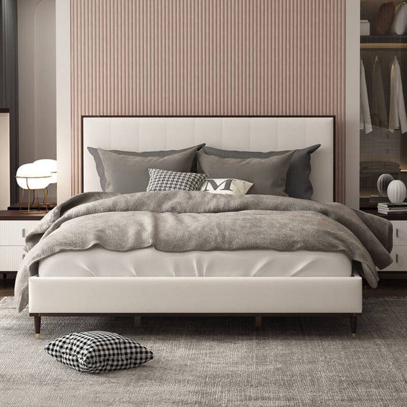 Upholstered Bed in White and Brown Finish