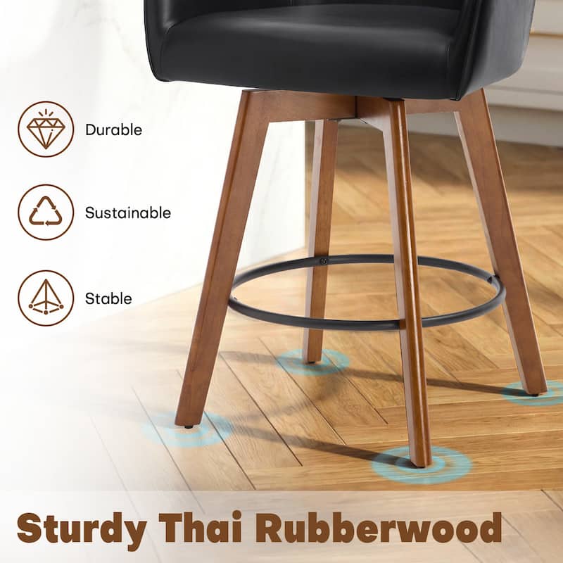 25 Inch Upholstered Swivel Counter Height Bar Stool with Armrests, Solid Wood Legs - 23.6"W x 22.4"D x 40.2"H