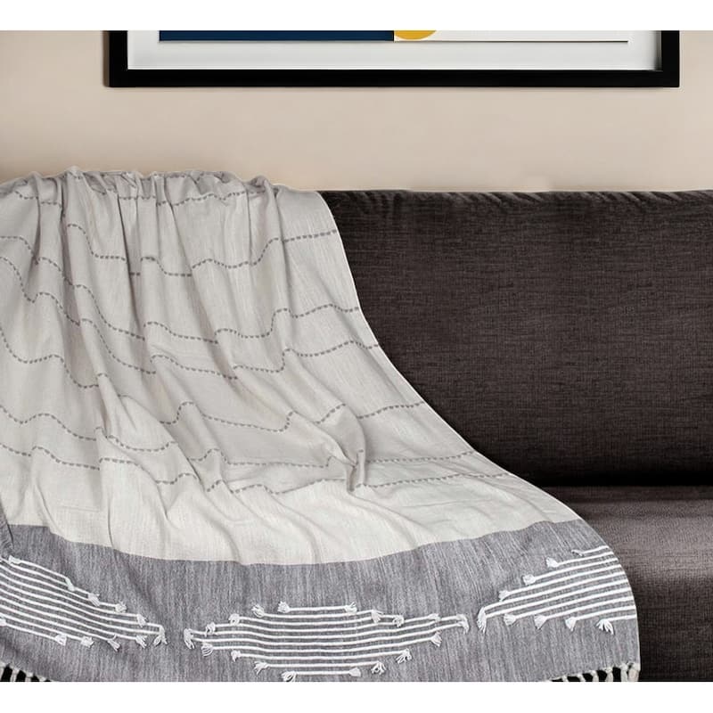 HomeRoots 50" X 60" Ivory and Gray Woven Cotton Striped Throw Blanket with Fringe and Embroidery - Throw - Light Gray and Ivory