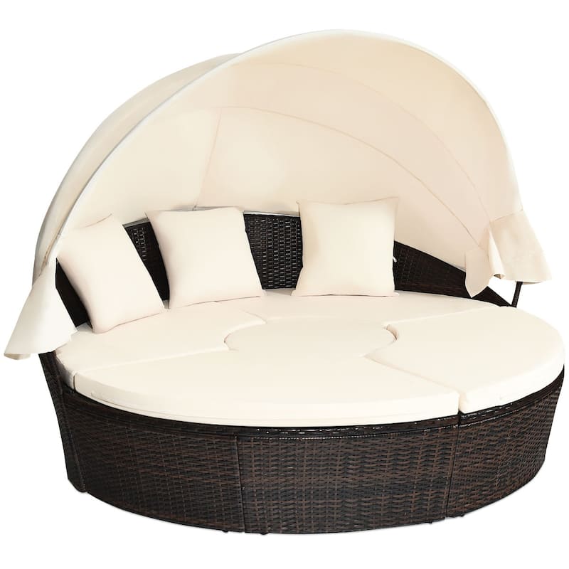 Patio Rattan Daybed Cushioned Sofa Adjustable Table Top Canopy - White
