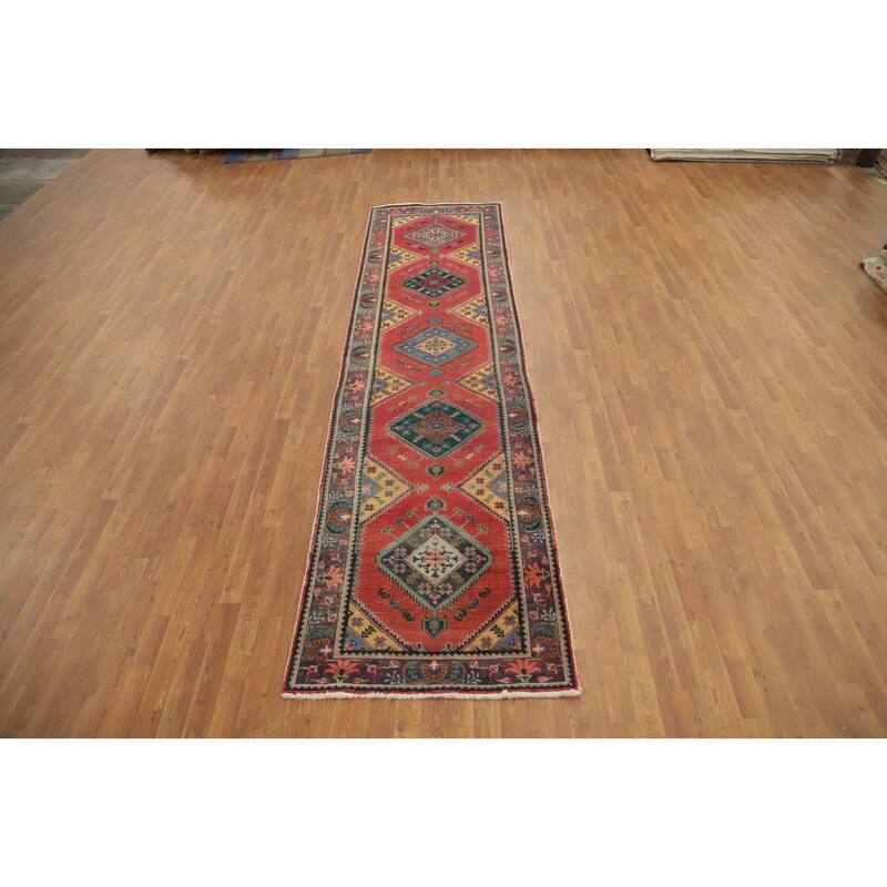 Hand Knotted Oriental 100% Wool Carpet Traditional Geometric Coral Tabriz Runner Rug - 12' 5'' X 3' 3''