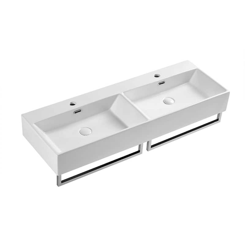 48-Inch Bathroom Dual Basin Trough Sink with Towel Racks - 47.8" x 16.5" x 5.7" - 47.8" x 16.5" x 5.7"