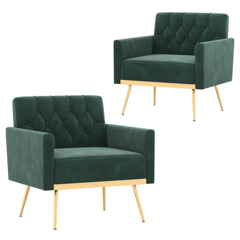 Gymax 2PCS Modern Velvet Accent Chair w/ Button Tufted Back Golden - Dark Green