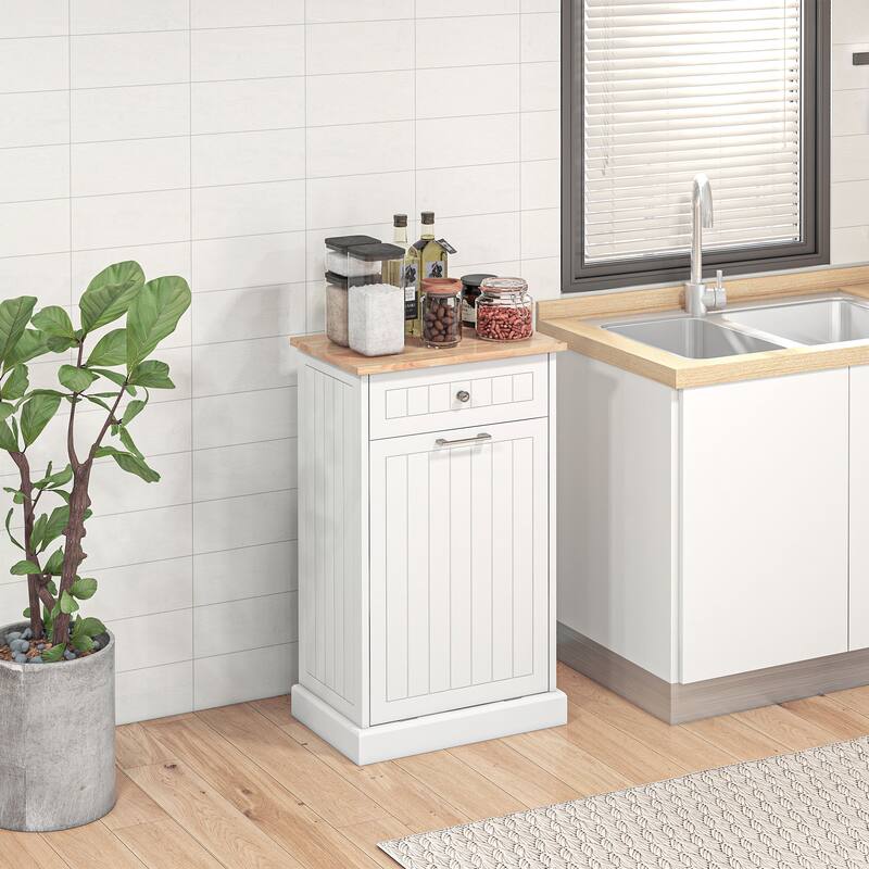 Kitchen Tilt Out Trash Bin Cabinet Free Standing Recycling Cabinet Trash Can Holder With Drawer, White