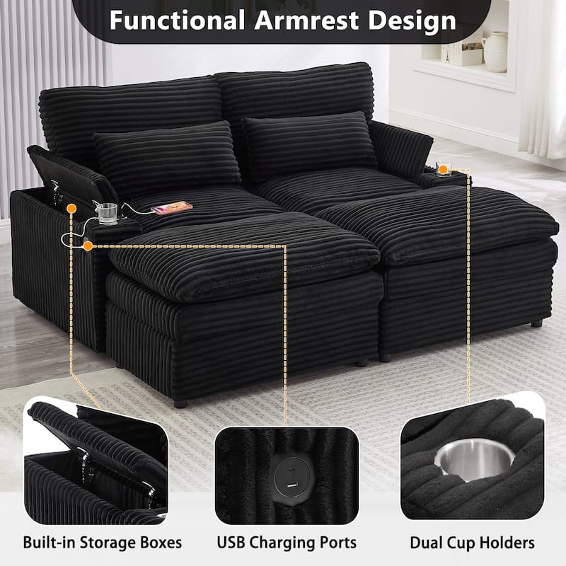 L-Shaped Corduroy Sectional Sofa w/ USB Ports & Cup Holders, 2-seater Sofa Loveseat w/ 2 Ottomans, Convertible Sleeper Sofa Bed - Black