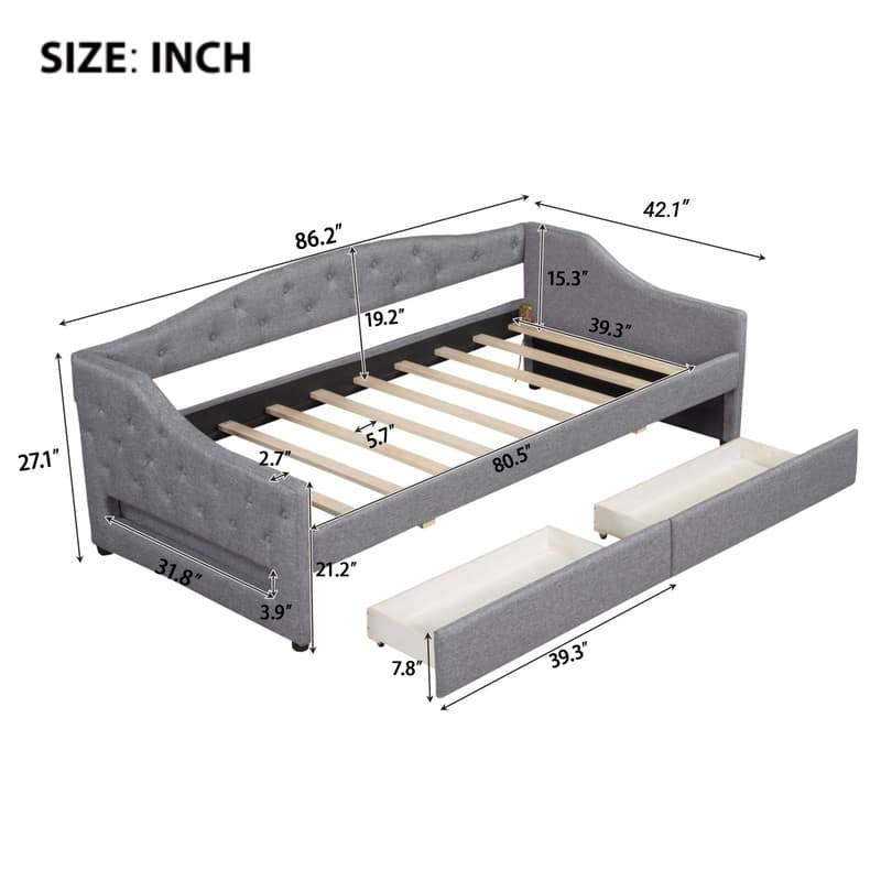 Twin XL Size Daybed with LED Belt and 2 Storage Drawers, Upholstered Daybed Frame Sofa Bed with Slats Support for Bedroom