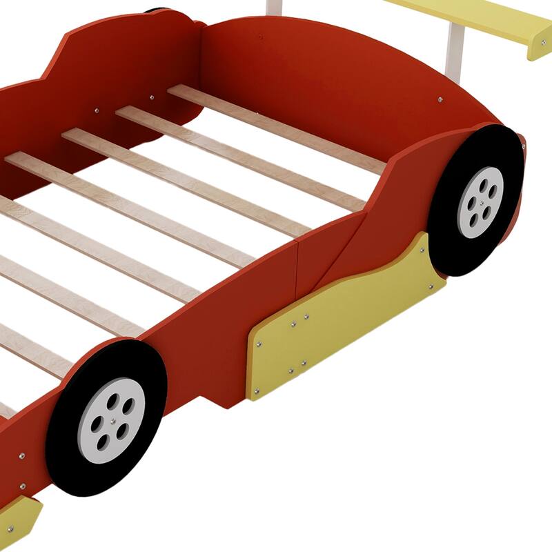 Race Carshaped Toddler Floor Bed Twin Size Grounded Bed with Front Storage Shelves, Wheels and Guardrail, Wooden Platform Bed