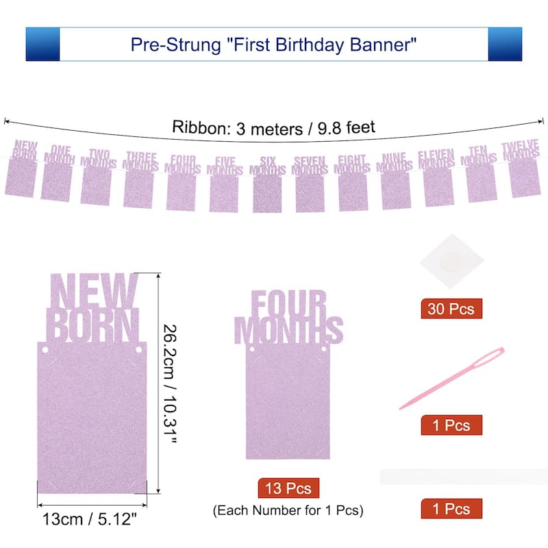 1st Birthday Photo Banner Decorations from 1 to 13 Months 13 Pieces - Purple
