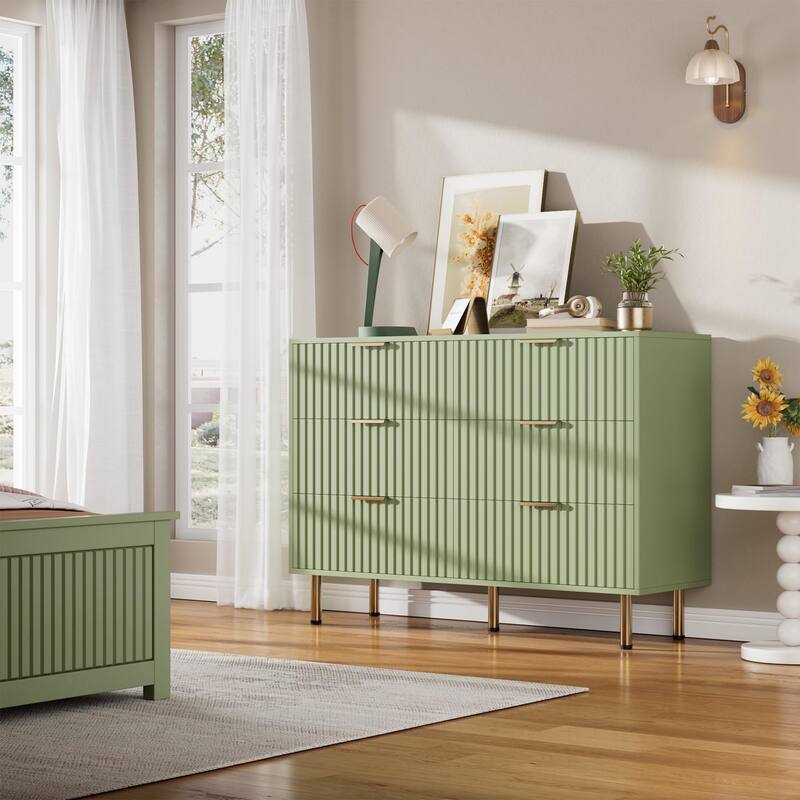6 Drawer Fluted Dresser for Bedroom, Wide Modern Chest of Drawers, Long Double Dresser