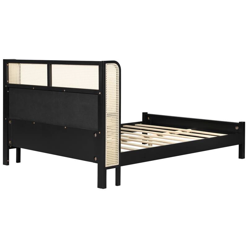 Christopher Knight Home - Mid-Century Upholstered Wood Low-Profile Platform Bed with Rattan Weaving Headboard