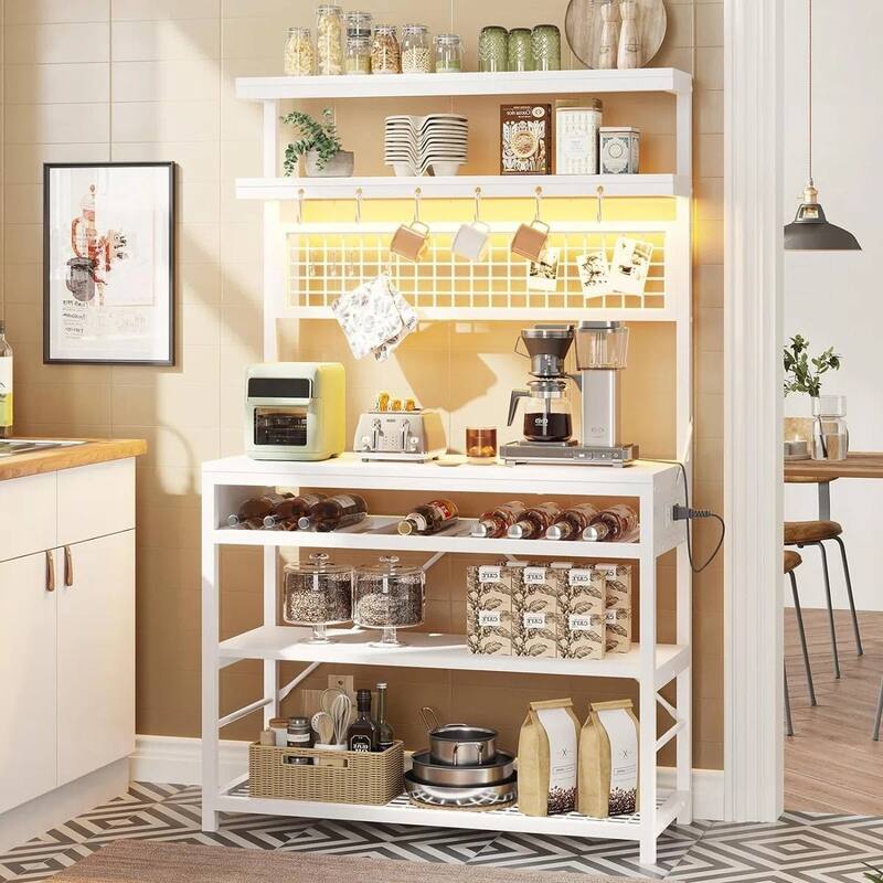 6-Tier LED Lighted Bakers Rack with Power Outlet USB Ports and Microwave Shelf Wine Storage - 65.2'' H x 35.4'' W x 15.7'' D - White