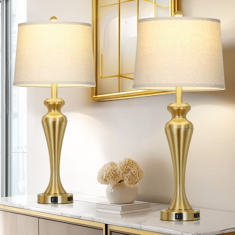 30'' Gold Elegant Table Lamp with USB-C Charging, Golden Base, Touch Dimmer(Set of 2) - 13'' x 13'' x 30''