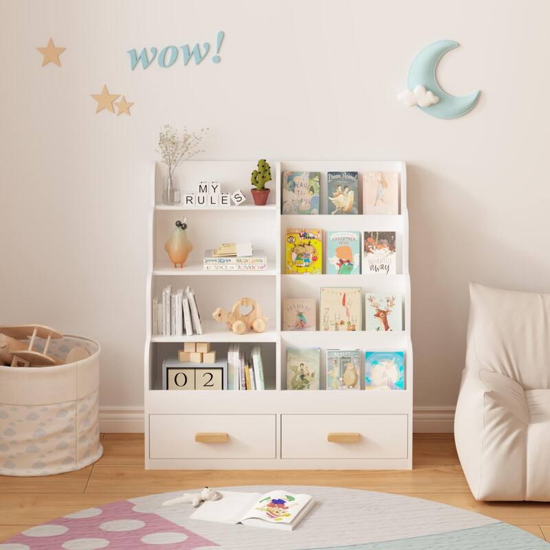 Kids Bookshelf with 2 Storage Drawers, Front-Facing Children's Bookcase and Toy Organizer, Multi-Tier Reading Shelf
