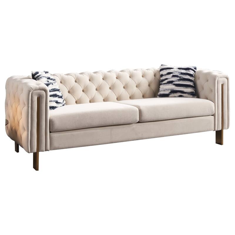 Velvet Tufted Sofa with Gold Metal Legs & Toss Pillows - 84" Width - Cream