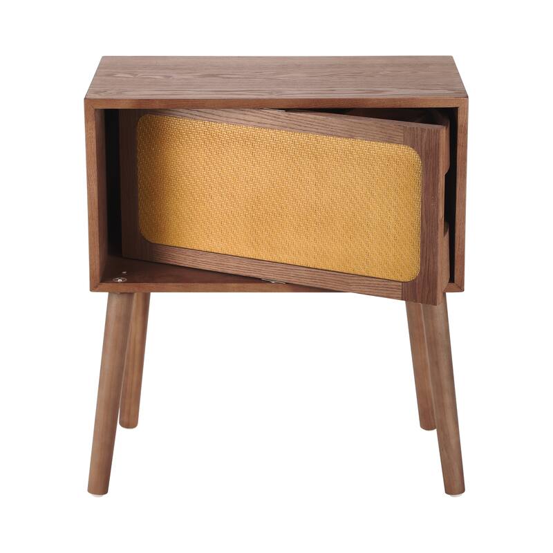 Rotating Hidden Compartment Nightstand for Bedroom, Mid Century Modern Rattan Bedside Table End Table with Wood Legs