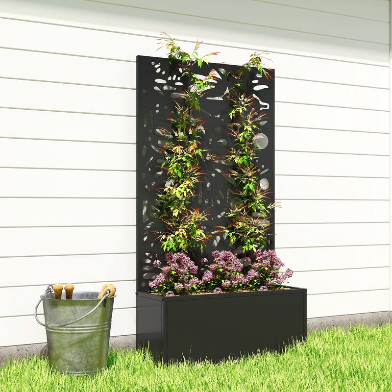 Outsunny Metal Raised Garden Bed with Trellis for Climbing Plants, Freestanding or Wall Mounted Flower Bed with Privacy Panel