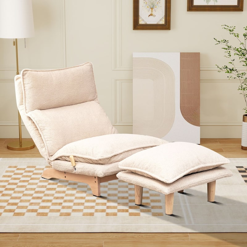 Fabric Upholstered Adjustable Backrest Leisure Chaise Recliner Chair with an Ottoman - Beige