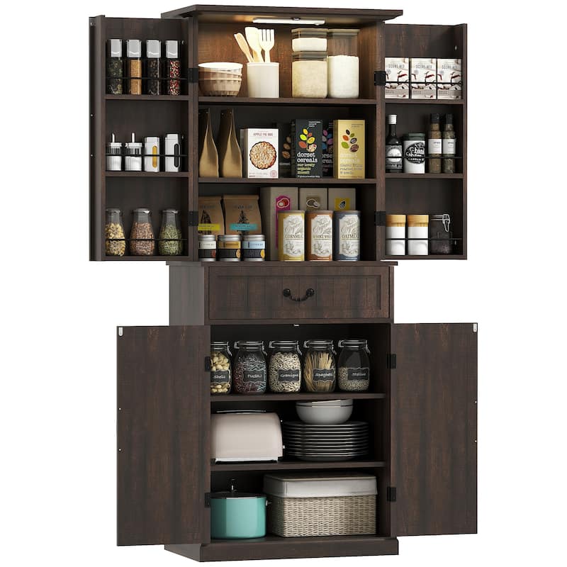HOMCOM 71" LED Kitchen Pantry Cabinet, Farmhouse Tall Freestanding Storage Cabinet with Door Shelves for Kitchen and Dining Room - Brown