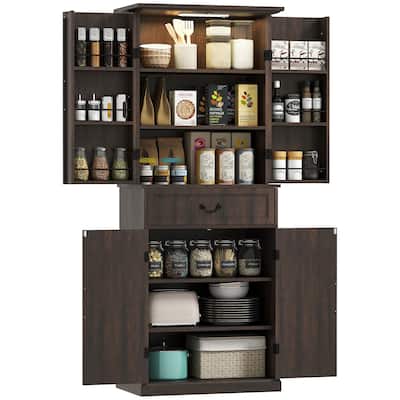 HOMCOM 71" LED Kitchen Pantry Cabinet, Farmhouse Tall Freestanding Storage Cabinet with Door Shelves for Kitchen and Dining Room