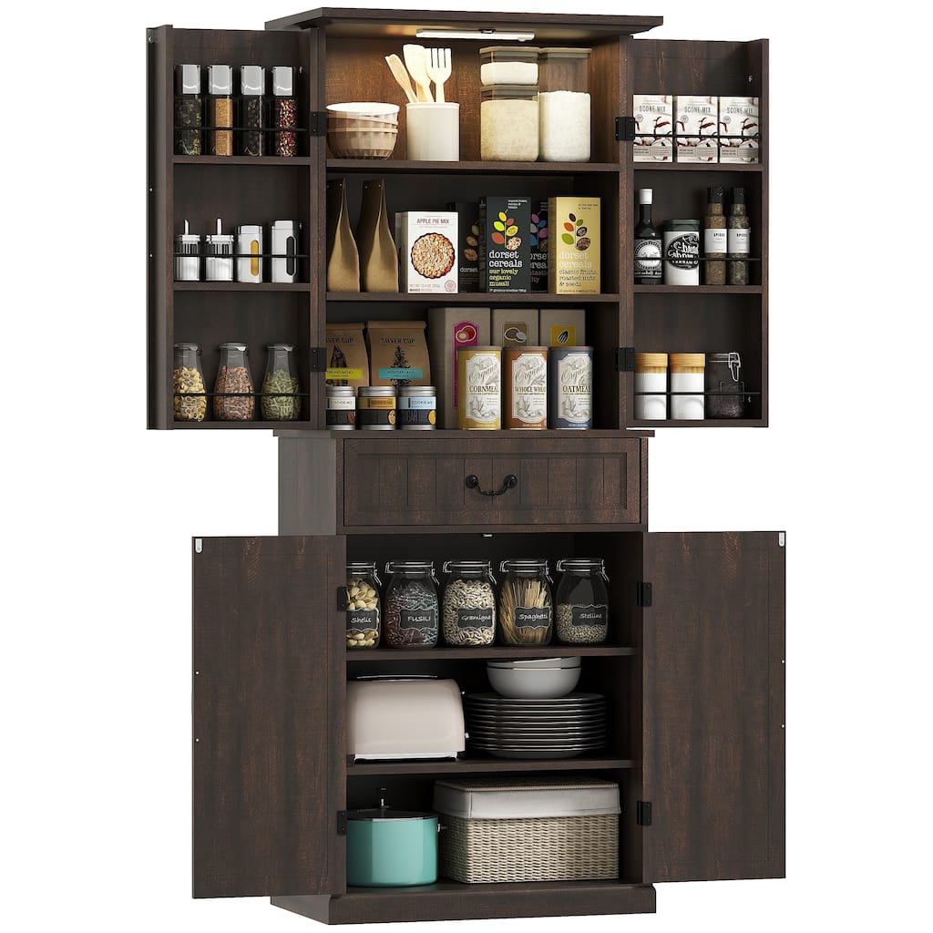 HOMCOM 71" LED Kitchen Pantry Cabinet, Farmhouse Tall Freestanding Storage Cabinet with Door Shelves for Kitchen and Dining Room
