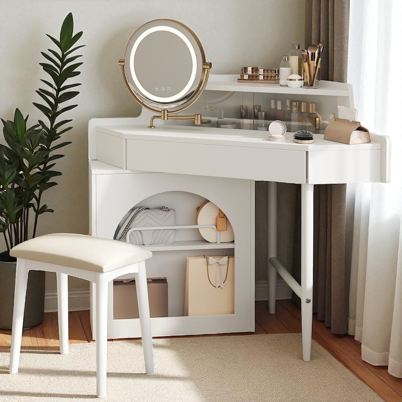 Corner Makeup Vanity with LED Mirror and Stool, Dressing Table with Storage Cabinet, Drawer and Adjustable Lights - White