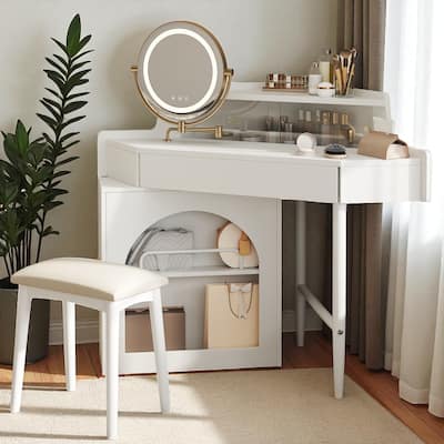 Corner Makeup Vanity with LED Mirror and Stool, Dressing Table with Storage Cabinet, Drawer and Adjustable Lights