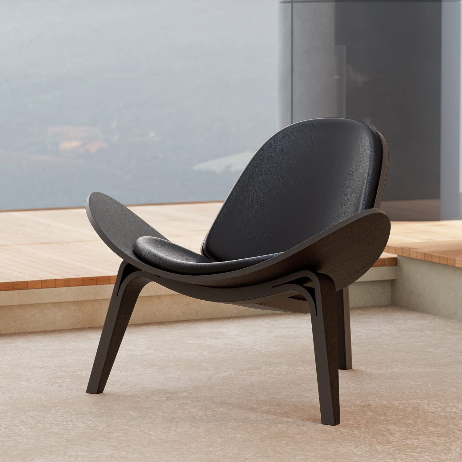 Mid Century Modern Chair Tripod with Black PU Leather Plywood
