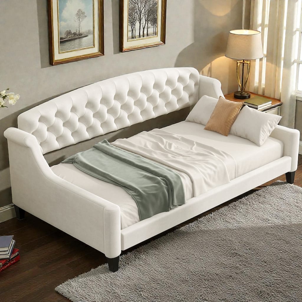 Modern Luxury Tufted Button Twin Daybed, Upholstered Sofa Bed with Wood Frame and Slats, No Box Spring Needed