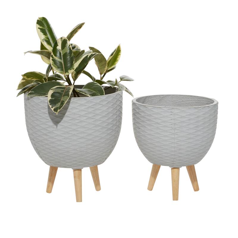 Ceramic Geometric Diamond Patterned Planter with Wood Tripod Legs - Set of 2 White or Gray - Roche River Decor - Gray