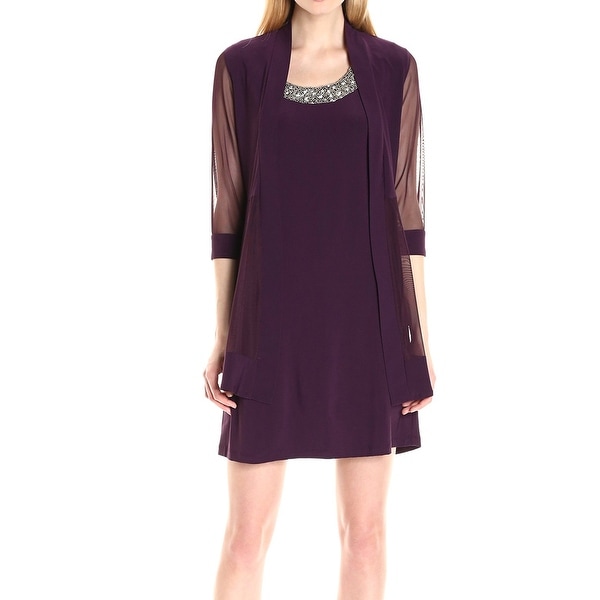 R&M Richards Plum Purple Womens Size 6 Mesh-Sleeve Sheath Dress