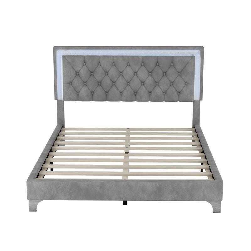 Queen OR Full Size Velvet Upholstered Bed Frame with LED Lights