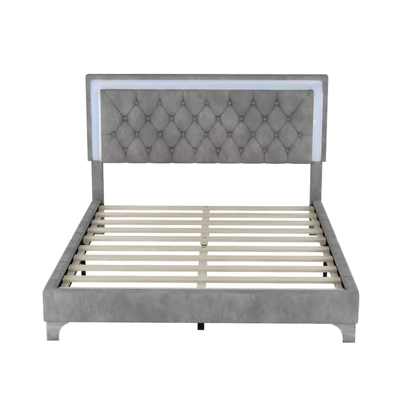 Upholstered Bed Frame with LED Lights,Modern Velvet Platform Bed - Grey