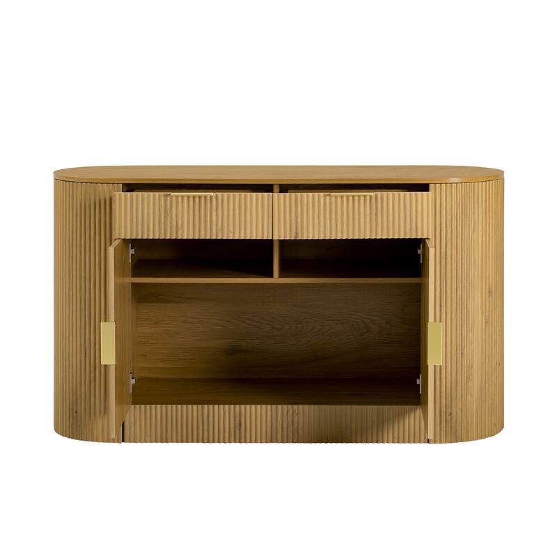 55.1" Modern Storage Cabinet, 2 Doors & 2 Drawers, Stripe MDF Sideboard with Aluminum Handles, Curved Side Door & Shelves