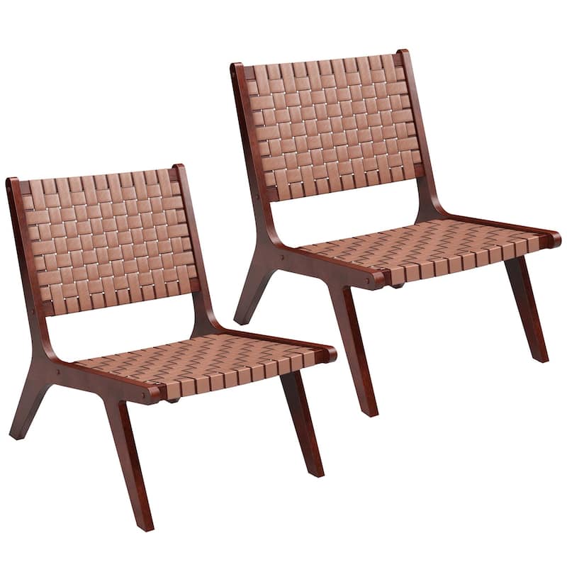 Costway Woven Leather Accent Chair Mid Century Rubber Wood Armless - 2 PCS