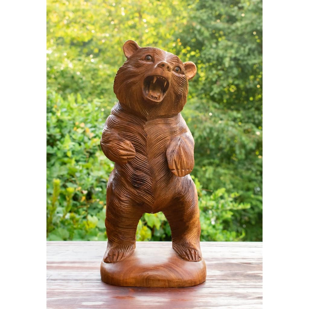 Wooden Hand Carved Grizzly Bear Standing Statue Handcrafted Handmade Figurine Sculpture Rustic Lodge Cabin Indoor Home Decor