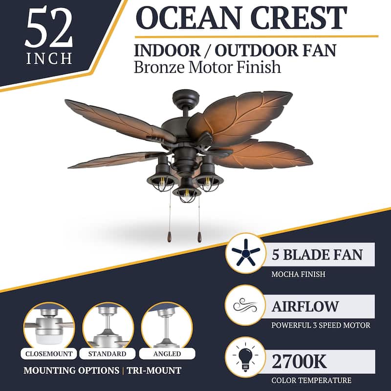 52" Prominence Home Ocean Crest Bronze Tropical Indoor/Outdoor Ceiling Fan with Light, Pull Chain