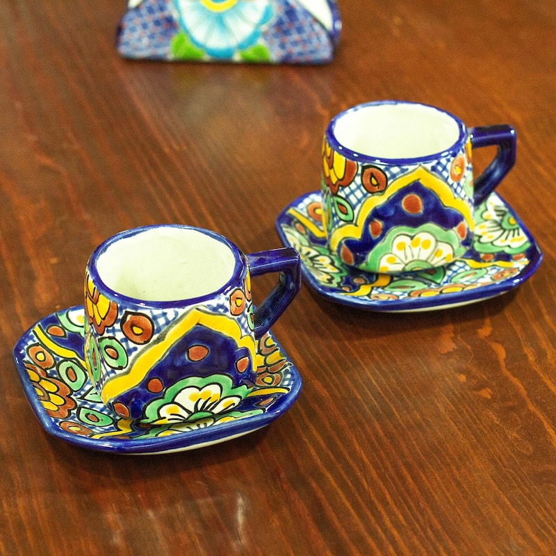 Novica Handmade Hidalgo Fiesta Ceramic Cups And Saucers (Set For 2)