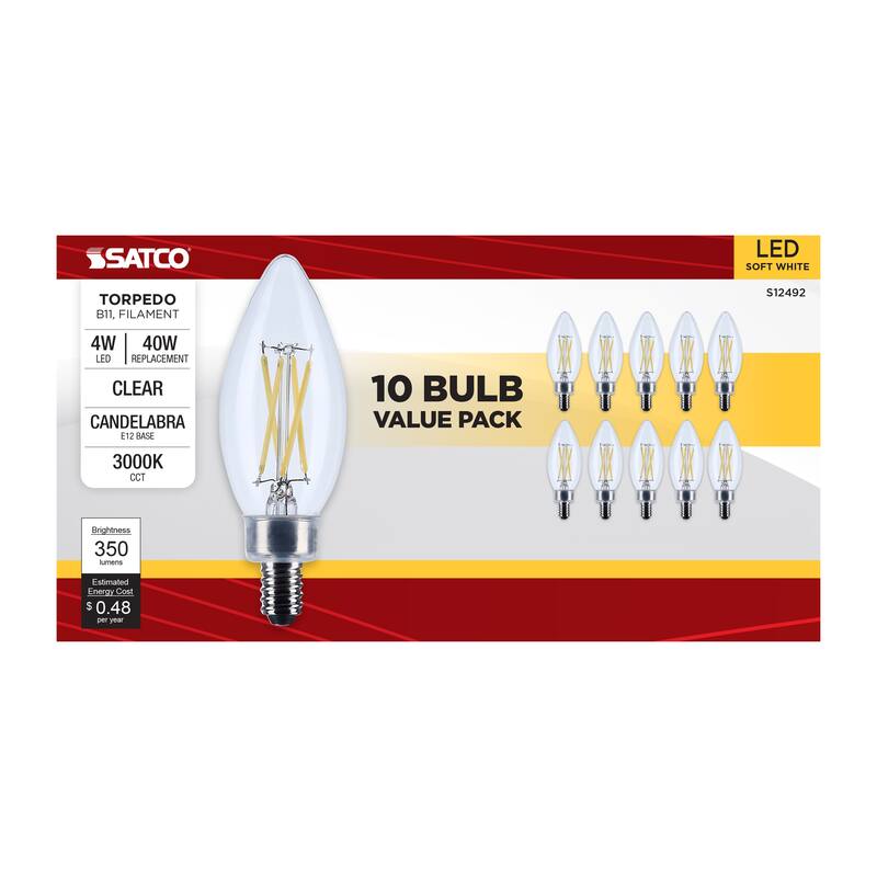 4 Watt B11 LED Candelabra Base Clear 3000K CCT 120 Volt 10-pk