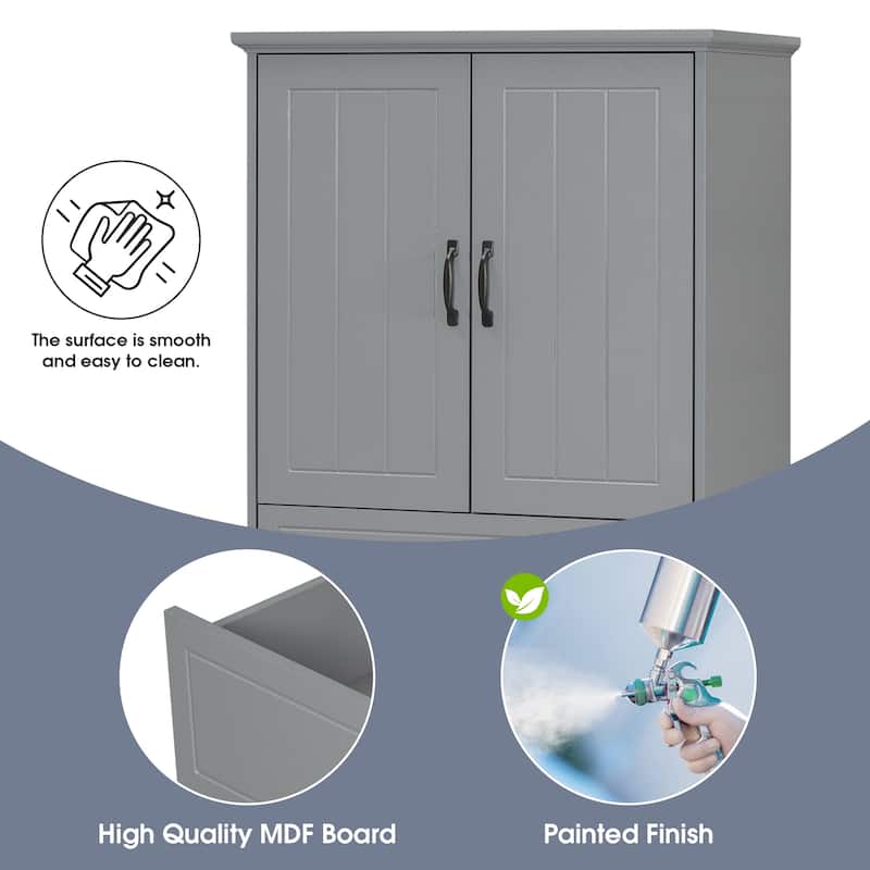 Roomfitters Bathroom Storage Cabinet with Double Laundry Hampers, Doors and Drawer Organizer