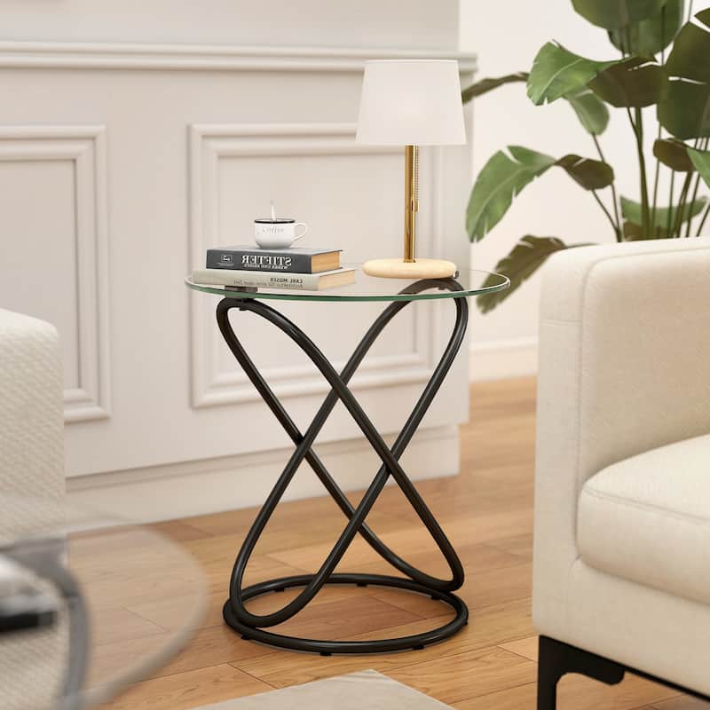 Tempered Glass Round Side/End Table with Metal Legs - 19.7"Dia Top x 21.7"H x 15.6"Dia Base
