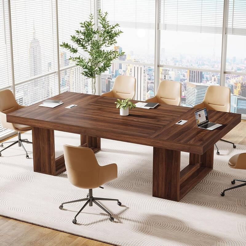 8FT Large Conference Table for 10 People, 94.5" W Large Meeting Table with 2 Cable Grommet - Brown