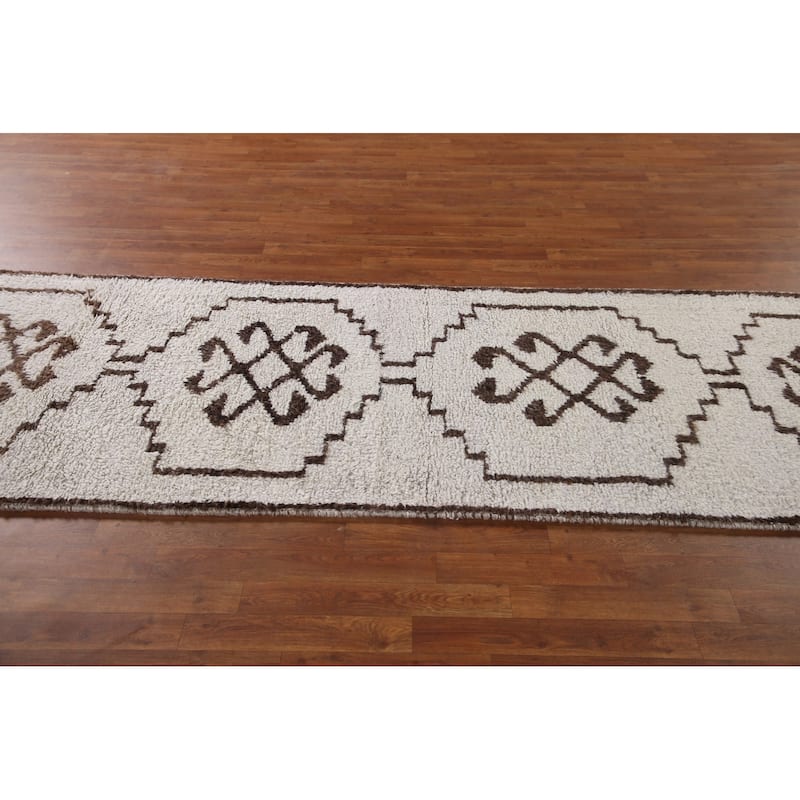 Natural Dye Beige Anatolian Runner Rug Hand-knotted Wool Carpet - 3'4"x 11'8"