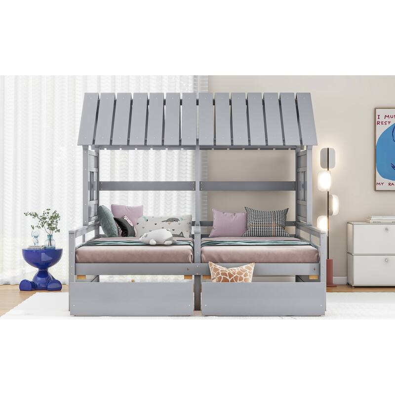 Twin House Beds with Storage Drawers, Perfect for Boy and Girl Shared Bedroom, Pine Wood Frame