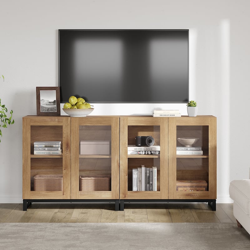 WAMPAT Modern TV Stand with Glass Doors for 110 inch TVs, Entertainment Center Console with Adjustable Shelves and Metal Base