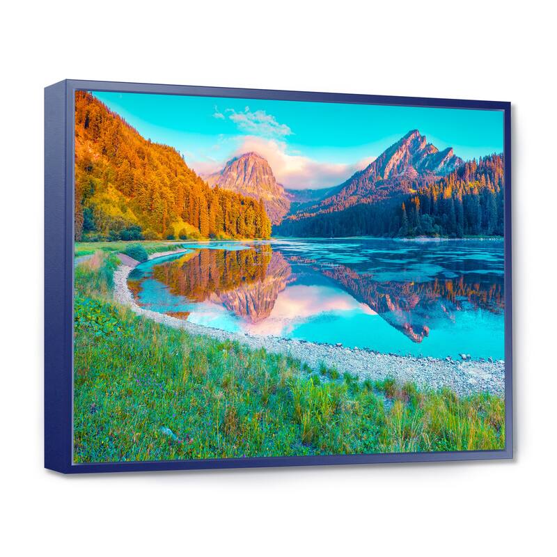 Designart "Beautiful Swiss Lake Obersee" Landscape Photography Framed Canvas Print - 20 in. wide x 12 in. high - Blue