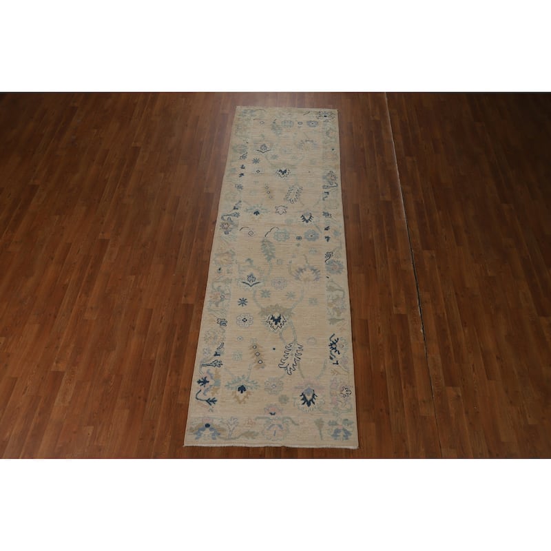 Beige Oushak Turkish Runner Rug Hand-Knotted Oriental Wool Carpet - 3'0" x 9'9"