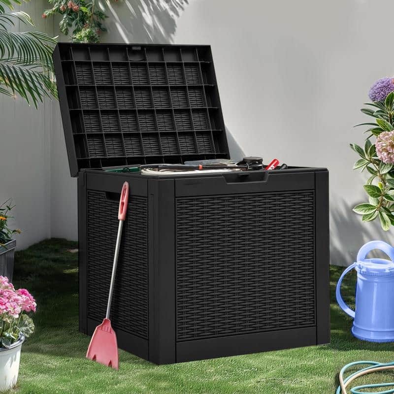 30 Gallon Outdoor Storage Box with Woodgrain or Rattan Effect /Durable, Weatherproof, UV Protected, Easy to Assemble - 30GAL